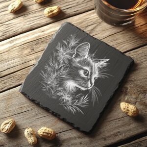 Slate Coaster Engraving File, 3D Cat and Flower,