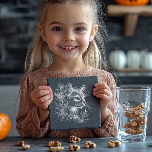 Slate Coaster Engraving File, 3D Cat and Flower,
