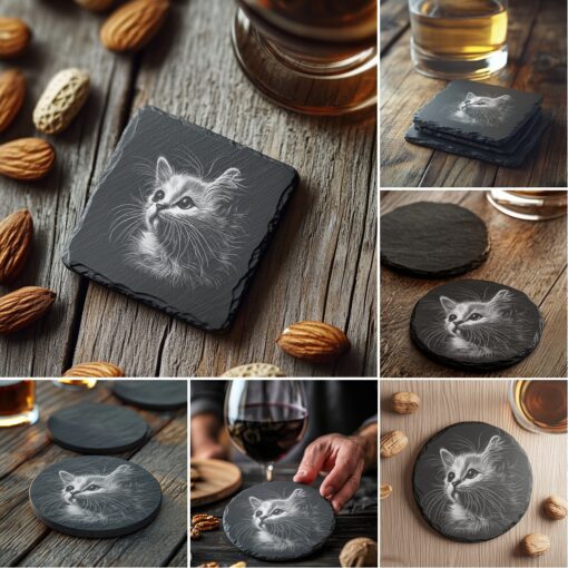 File di incisione per sottobicchieri in ardesia, Illusione 3D gatto cane animale domestico, Pacchetto PNG per la decorazione della casa - immagine 4