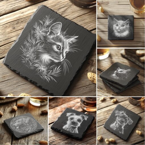 File di incisione per sottobicchieri in ardesia, Illusione 3D gatto cane animale domestico, Pacchetto PNG per la decorazione della casa - immagine 8