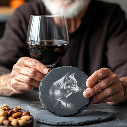 Plantilla de grabado para posavasos de pizarra, doble exposición de lobo, diseño de persona en el bosque - Imagen 4