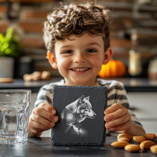 Plantilla de grabado para posavasos de pizarra, doble exposición de lobo, diseño de persona en el bosque - Imagen 5