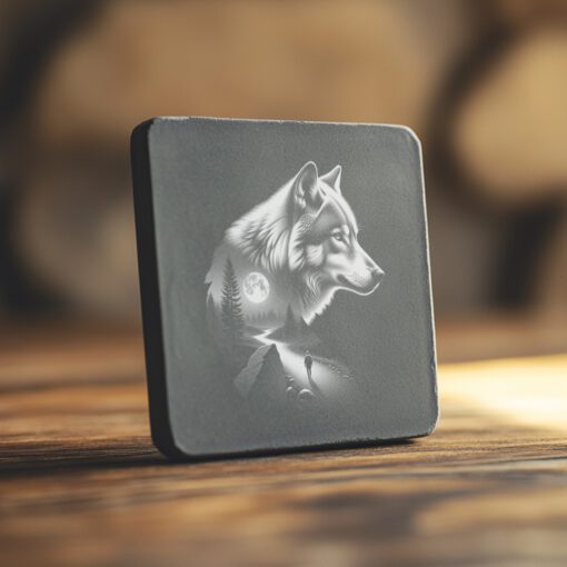 Plantilla de grabado para posavasos de pizarra, doble exposición de lobo, diseño de persona en el bosque