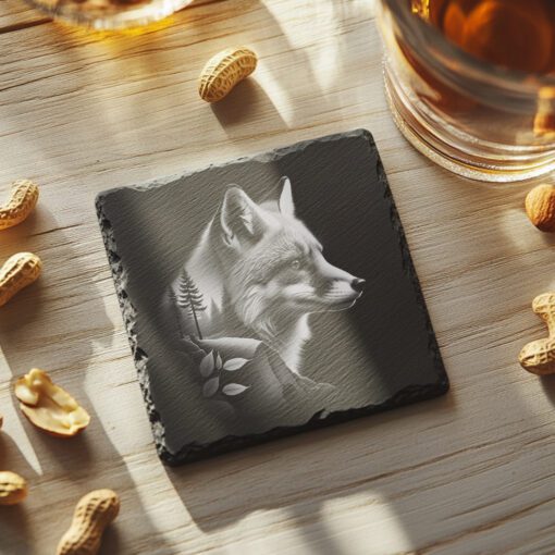 Archivo de grabado láser para posavasos de pizarra, lobo de doble exposición, arte de la vida silvestre del bosque. - Imagen 3