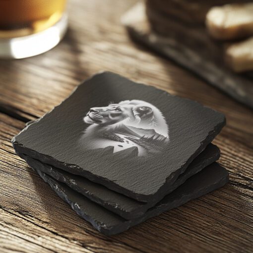 Slate Coaster Laser Engraving File, Lion and Mountain