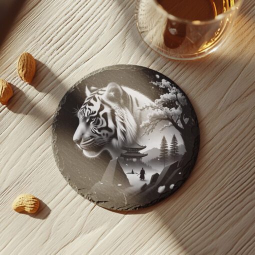 Diseño de grabado láser de doble exposición de tigre para posavasos de pizarra, arte de pagoda japonesa. - Imagen 2