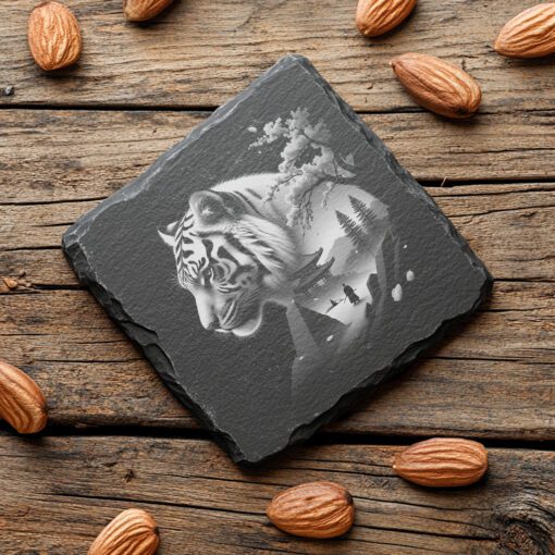 Diseño de grabado láser de doble exposición de tigre para posavasos de pizarra, arte de pagoda japonesa. - Imagen 5