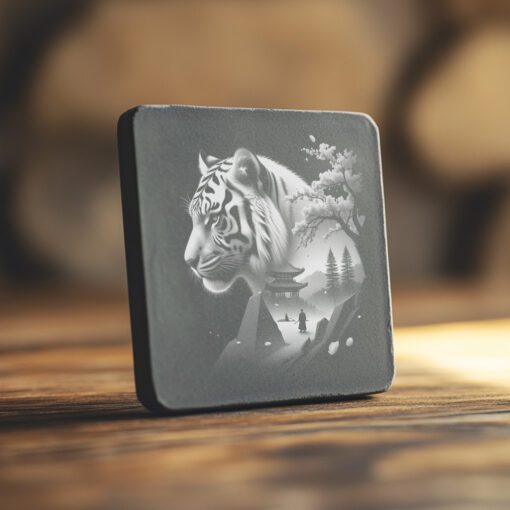 Diseño de grabado láser de doble exposición de tigre para posavasos de pizarra, arte de pagoda japonesa.