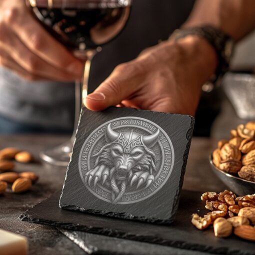 Viking Wolf 3D Slate Coaster, Laser Engraved PNG,