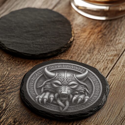 Viking Wolf 3D Slate Coaster, Laser Engraved PNG,