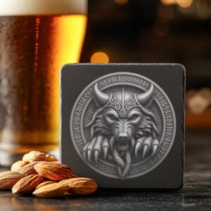 Viking Wolf 3D Slate Coaster, Laser Engraved PNG,