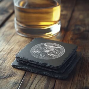 Viking Wolf 3D Slate Coaster, Laser Engraved PNG,
