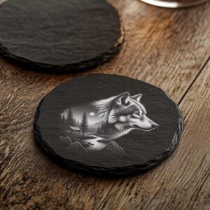 Wolf Double Exposure Slate Coaster Engraving File, Nature