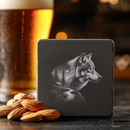 Wolf Double Exposure Slate Coaster Engraving File, Nature