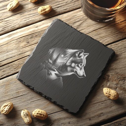 Wolf Double Exposure Slate Coaster Engraving File, Nature