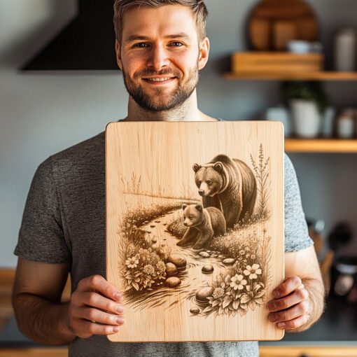 Fichier de gravure pour planche à charcuterie Ours, Décor de cuisine rustique nature, Motif deux ours – Image 2