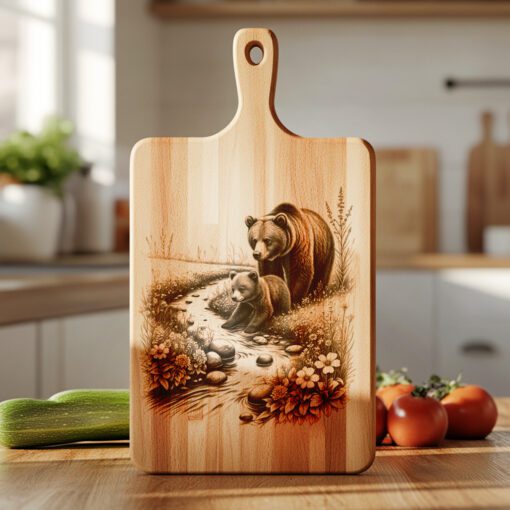 Fichier de gravure pour planche à charcuterie Ours, Décor de cuisine rustique nature, Motif deux ours – Image 4