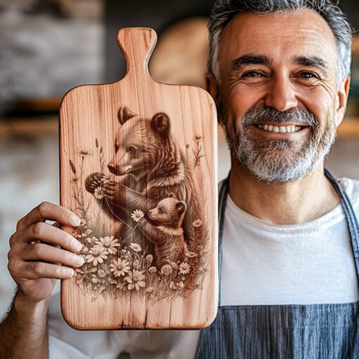 Wurstbrett Gravurdatei, Bärenjunges Blumen Design, Rustikale Küchendeko – Bild 4