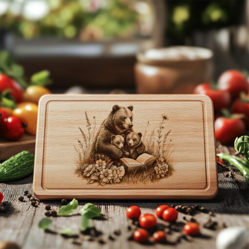 File Incisione Tagliere Salumi, Famiglia di Orsi che Legge, Design Decorativo Unico per la Cucina - immagine 2