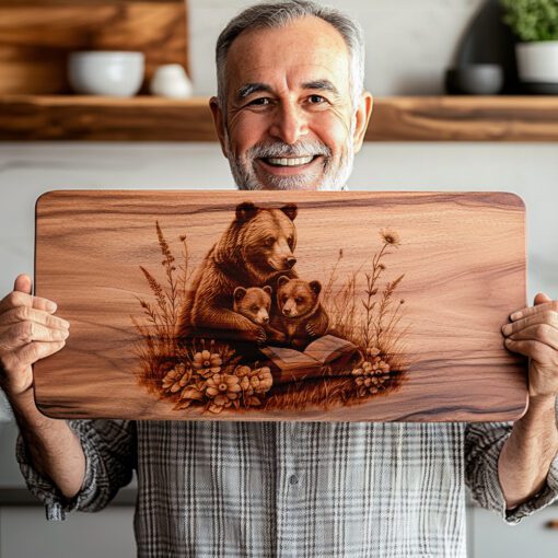 File Incisione Tagliere Salumi, Famiglia di Orsi che Legge, Design Decorativo Unico per la Cucina - immagine 3