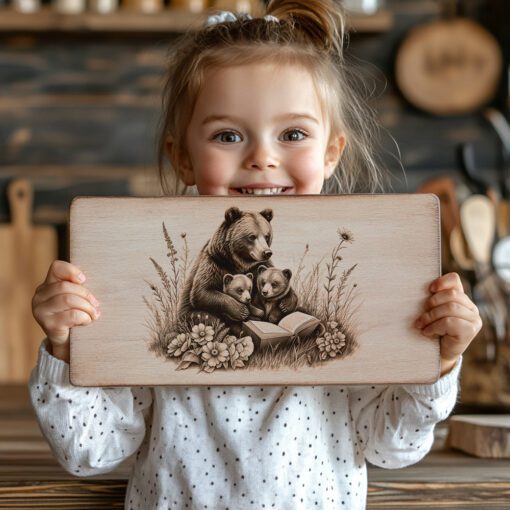 File Incisione Tagliere Salumi, Famiglia di Orsi che Legge, Design Decorativo Unico per la Cucina - immagine 4