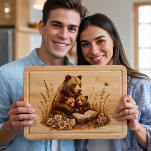 File Incisione Tagliere Salumi, Famiglia di Orsi che Legge, Design Decorativo Unico per la Cucina - immagine 5