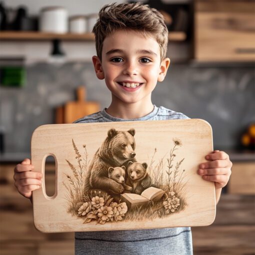 File Incisione Tagliere Salumi, Famiglia di Orsi che Legge, Design Decorativo Unico per la Cucina - immagine 6