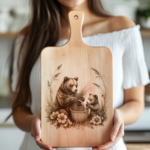 Charcuterie Board Engraving File, Bears Flowers Basket Design,