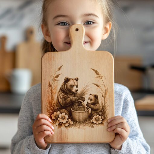 Charcuterie Board Engraving File, Bears Flowers Basket Design,