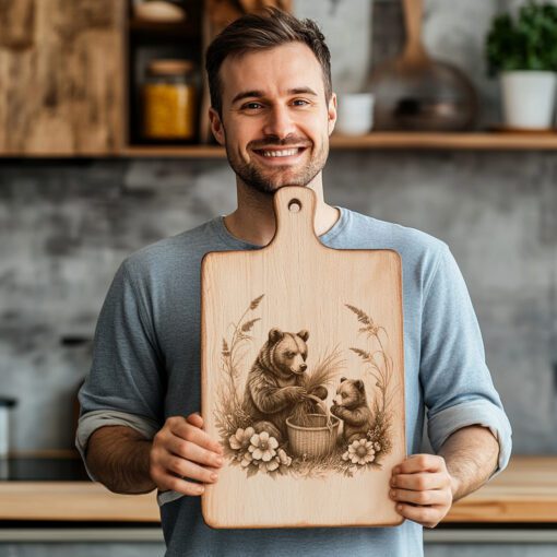 Charcuterie Board Engraving File, Bears Flowers Basket Design,