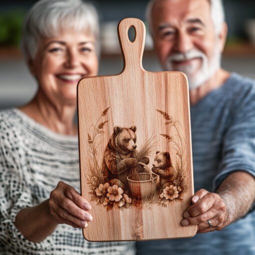 Charcuterie Board Engraving File, Bears Flowers Basket Design,