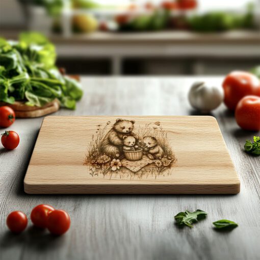 Charcuterie Board Engraving File, Bears Picnic Sketch, Laser