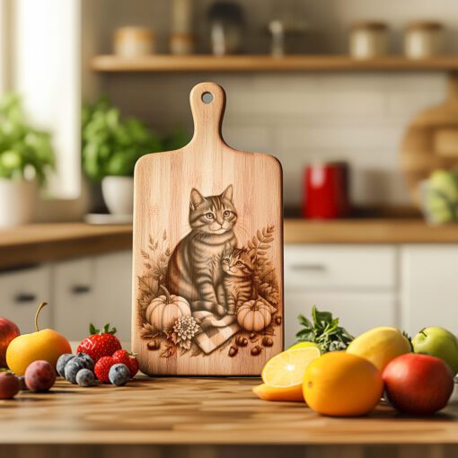 Charcuterie Board Engraving File, Cat Family, Autumn Kitchen