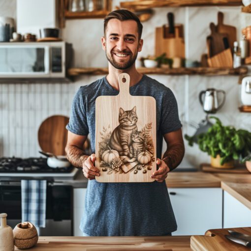 Charcuterie Board Engraving File, Cat Family, Autumn Kitchen