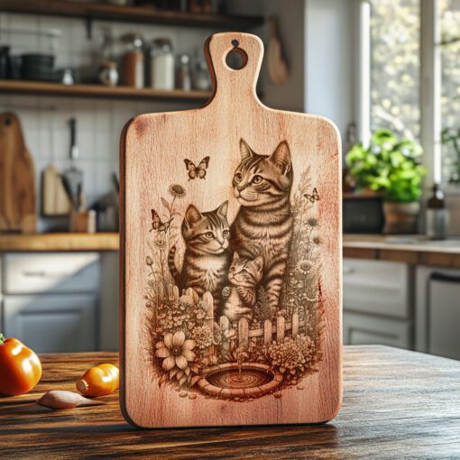 Charcuterie Board Engraving File, Cat Family by Fountain,