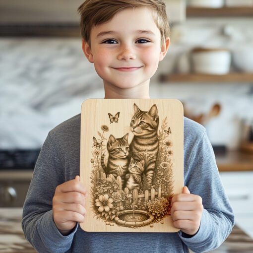 Charcuterie Board Engraving File, Cat Family by Fountain,