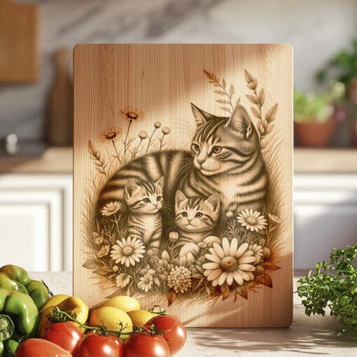 Charcuterie Board Engraving File, Cat Family Floral Garden,