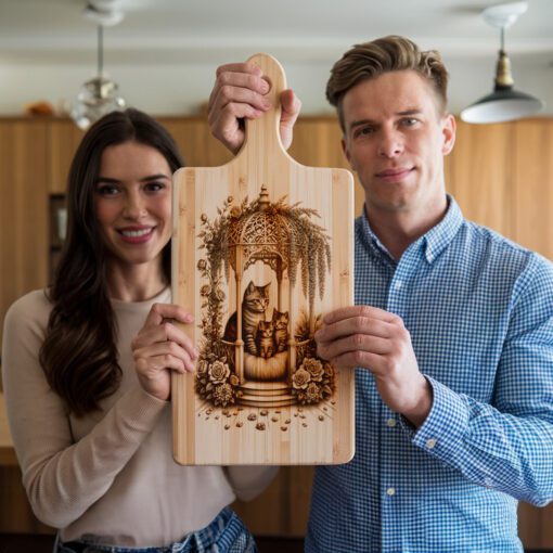 Wurstplatte Gravurdatei, Katzenfamilie Blumengazebo, Küchendekor Vorlage – Bild 3