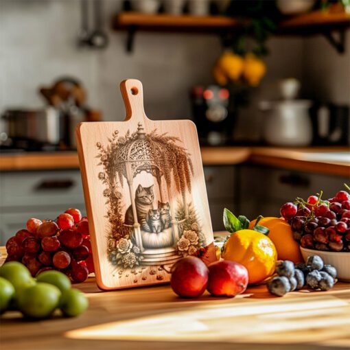 Wurstplatte Gravurdatei, Katzenfamilie Blumengazebo, Küchendekor Vorlage – Bild 4