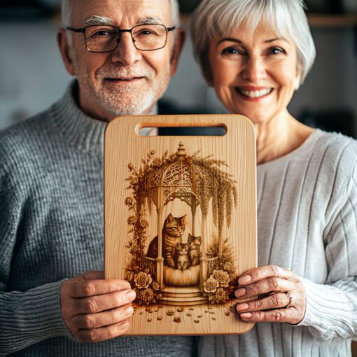 Wurstplatte Gravurdatei, Katzenfamilie Blumengazebo, Küchendekor Vorlage – Bild 5