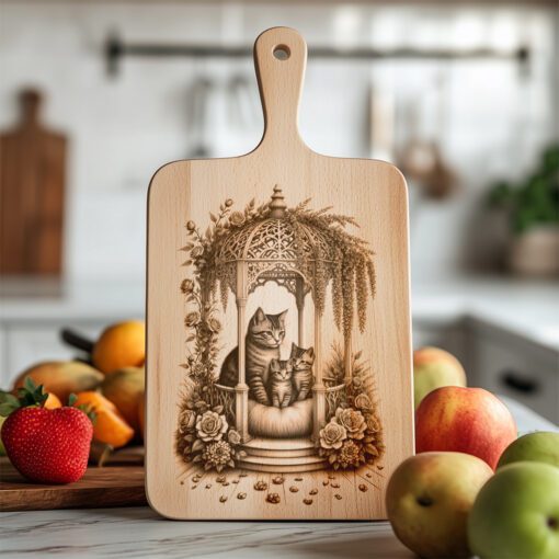 Wurstplatte Gravurdatei, Katzenfamilie Blumengazebo, Küchendekor Vorlage – Bild 6