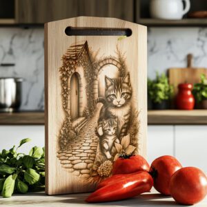 Charcuterie Board Engraving File, Cat Family, House, Flowers,