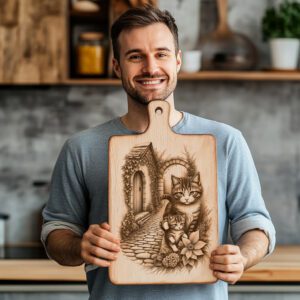 Charcuterie Board Engraving File, Cat Family, House, Flowers,