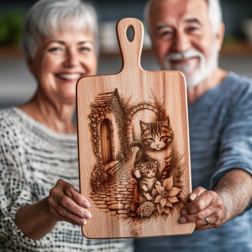 Charcuterie Board Engraving File, Cat Family, House, Flowers,