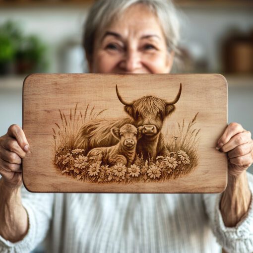 Charcuterie Board Engraving File, Highland Cow Daisy Meadow,