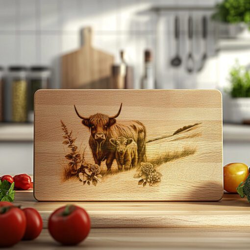 Charcuterie Board Engraving File, Highland Cow Family, Rustic