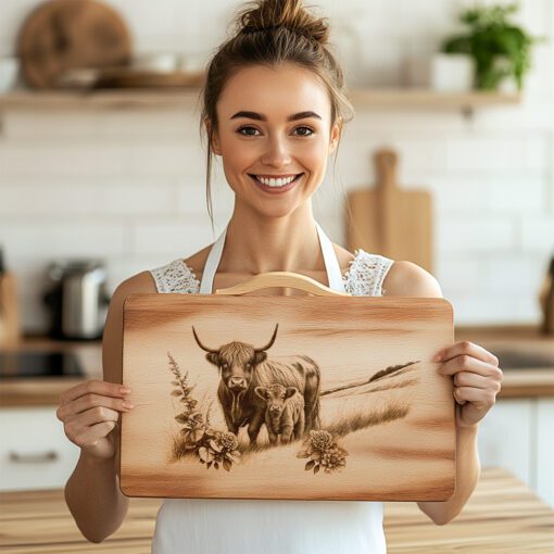 Charcuterie Board Engraving File, Highland Cow Family, Rustic