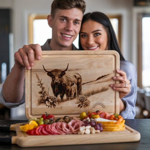 Charcuterie Board Engraving File, Highland Cow Family, Rustic
