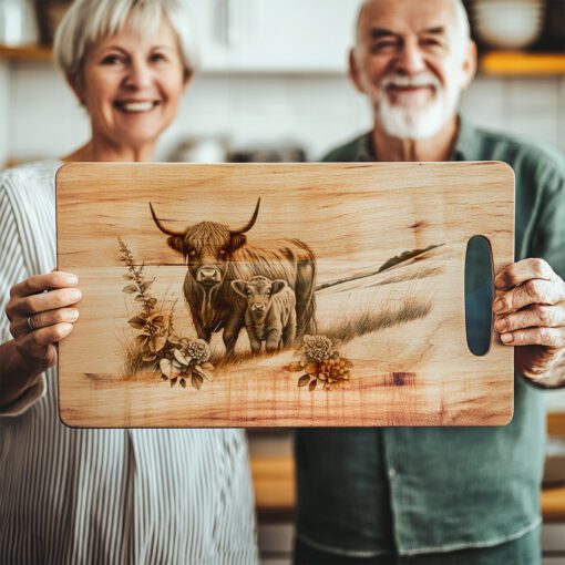 Charcuterie Board Engraving File, Highland Cow Family, Rustic