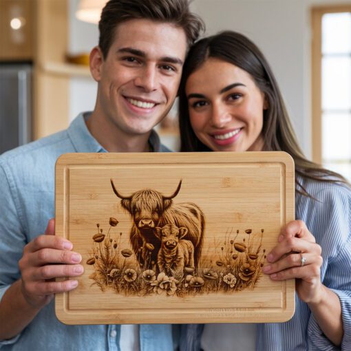 Charcuterie Board Engraving File, Highland Cow Poppy Field,
